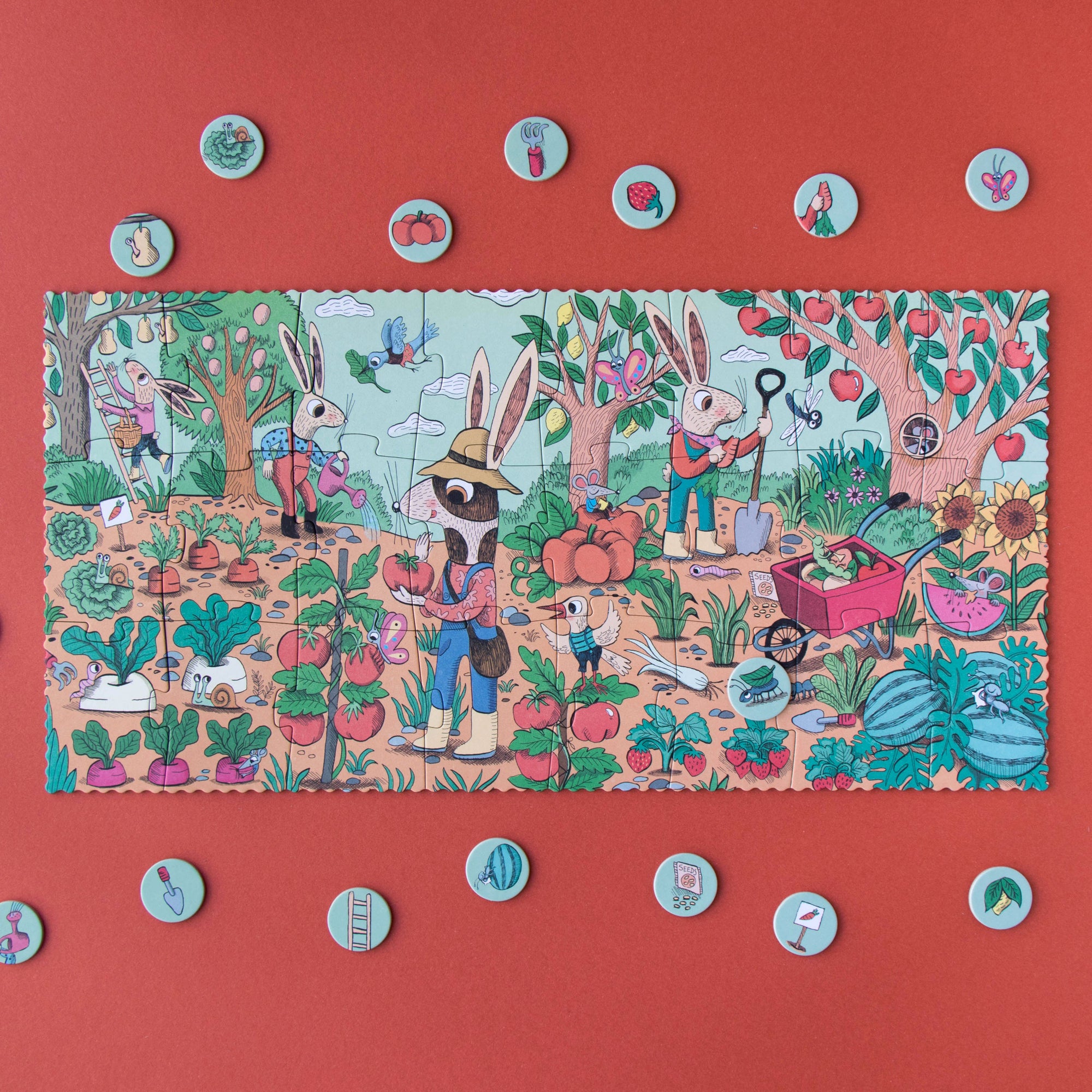Colorful children's puzzle with cartoon characters on a red background