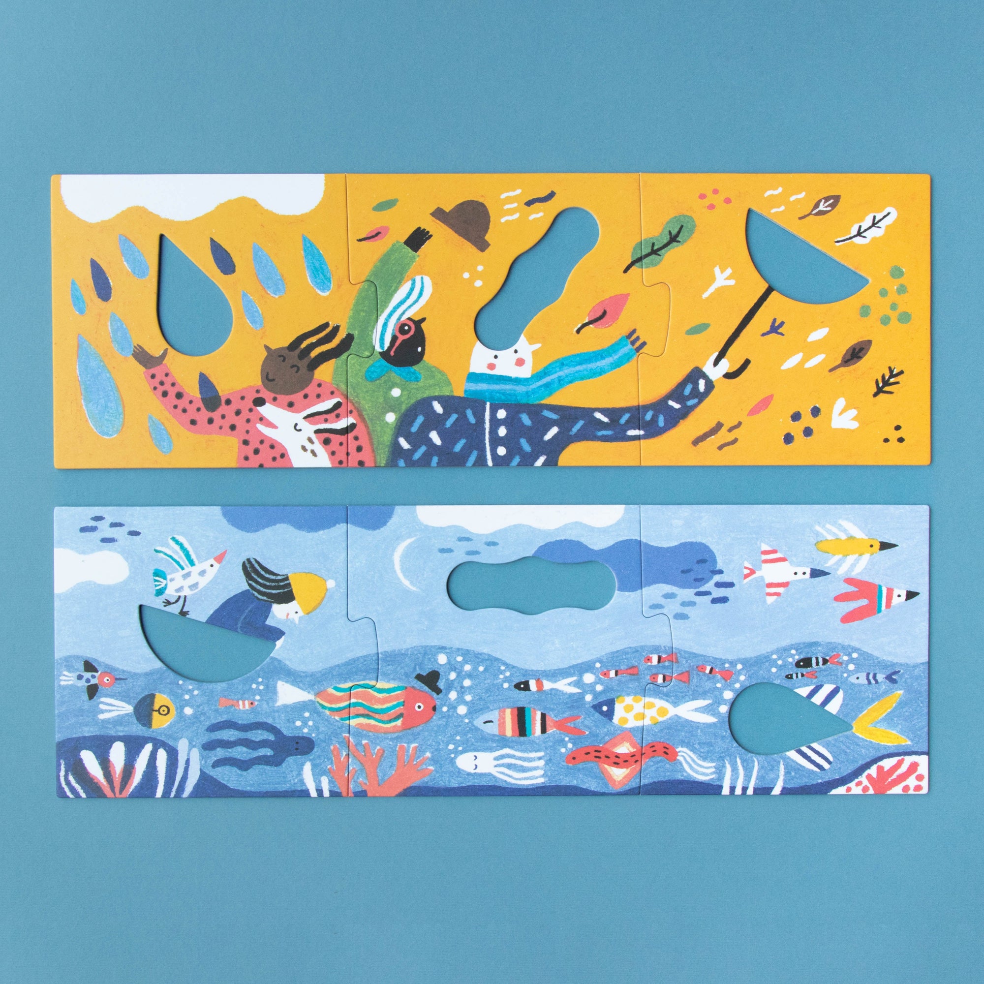 Two colorful illustrations of underwater scenes with fish and sea creatures on a blue background.
