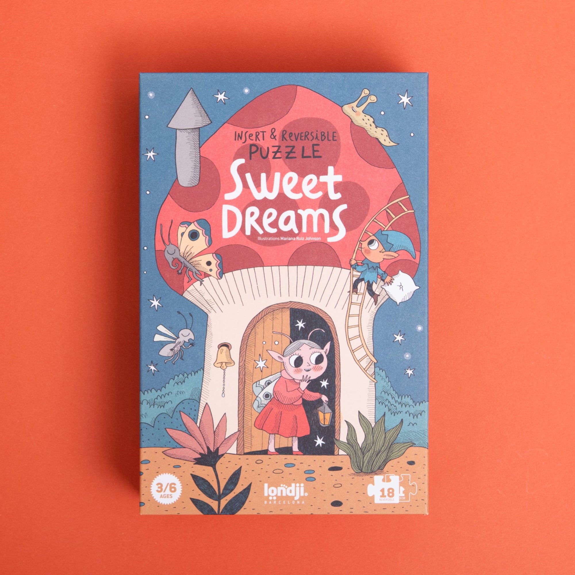 Illustrated puzzle box titled 'Sweet Dreams' on an orange background