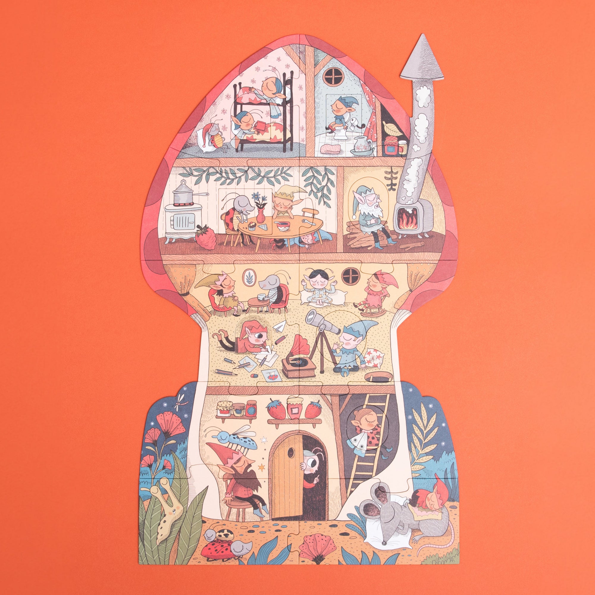 Illustration of a house with various rooms on an orange background