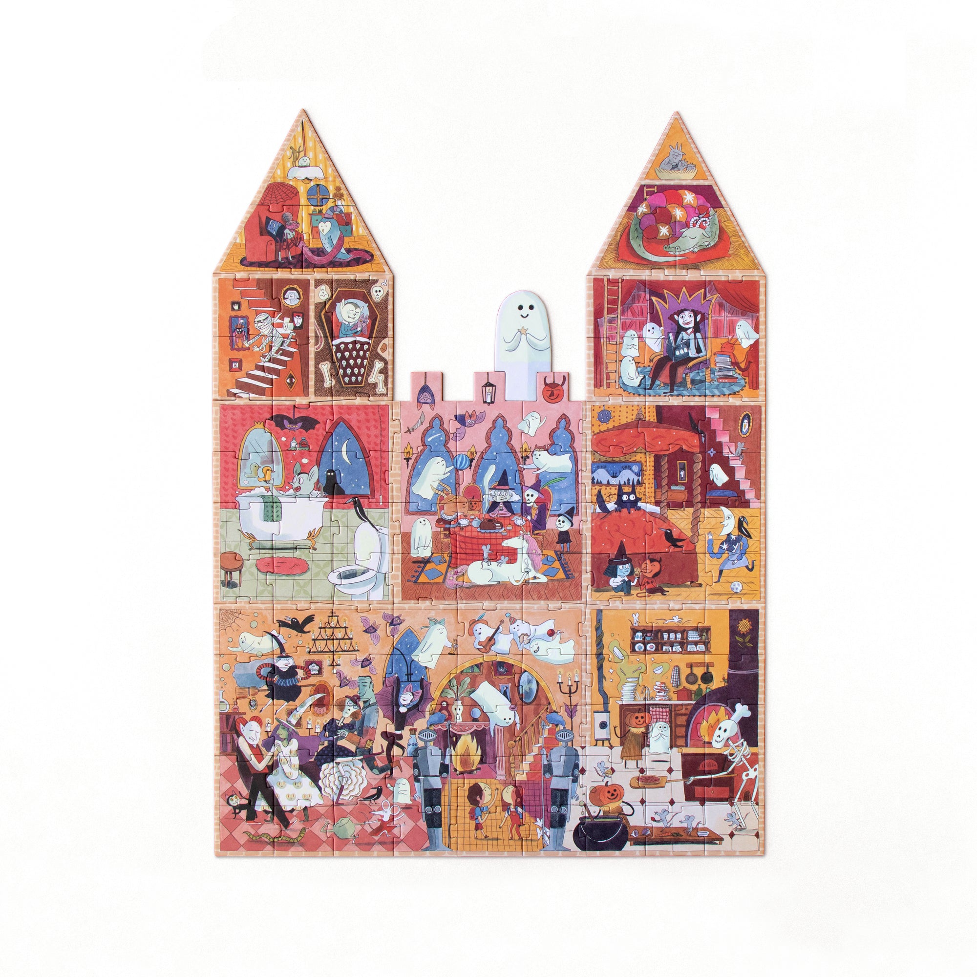 Illustrated castle with various scenes on a white background