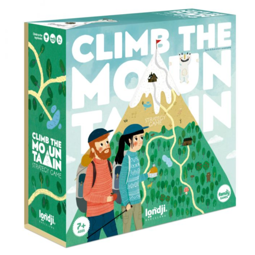 Board game 'Climb the Mountain' box cover featuring an illustration of a man and a woman hiking up a mountain with a backpack, along with various symbols and text related to the game.