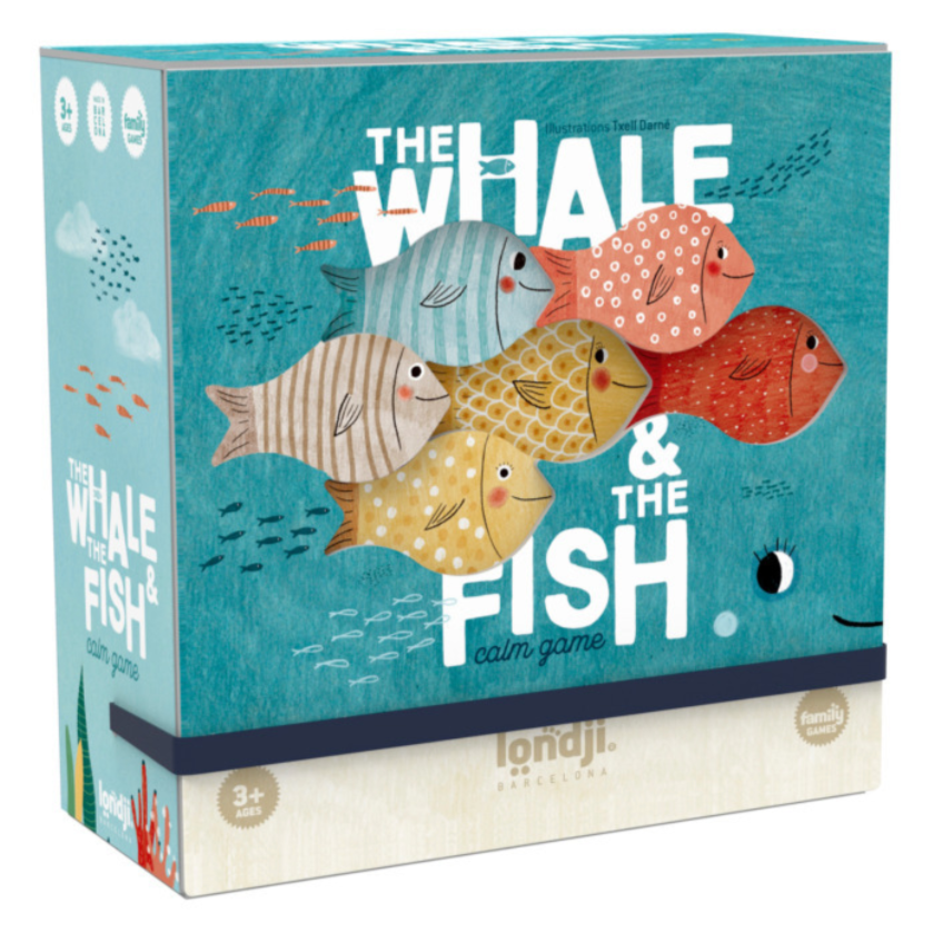 A boxed educational toy game titled 'The Whale and the Fish' with colorful illustrations of whales and fish on the cover.