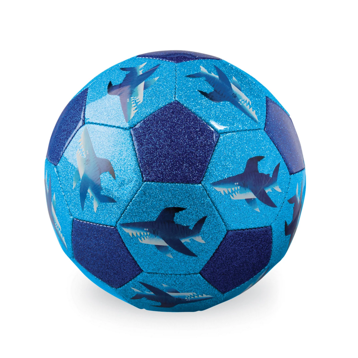 A blue glittery soccer ball with a pattern of shark silhouettes.