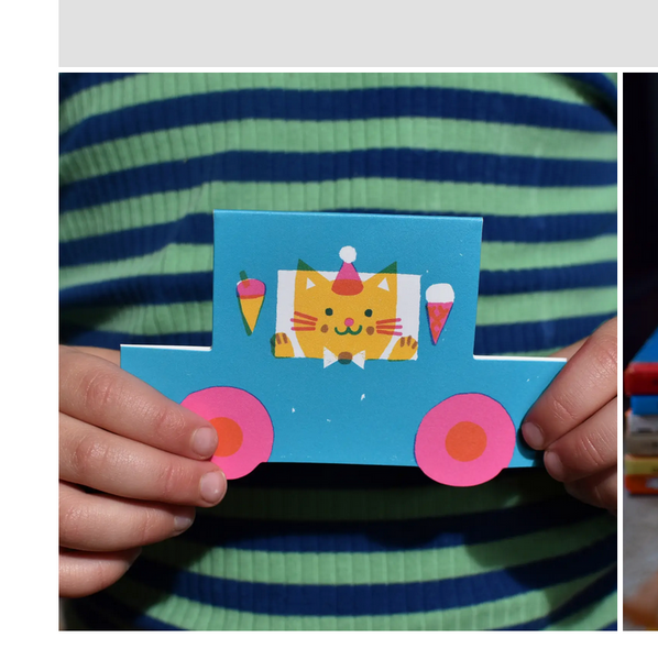 Party Cat Little Blue Car Die Cut Card -Louise Lockhart -birthday