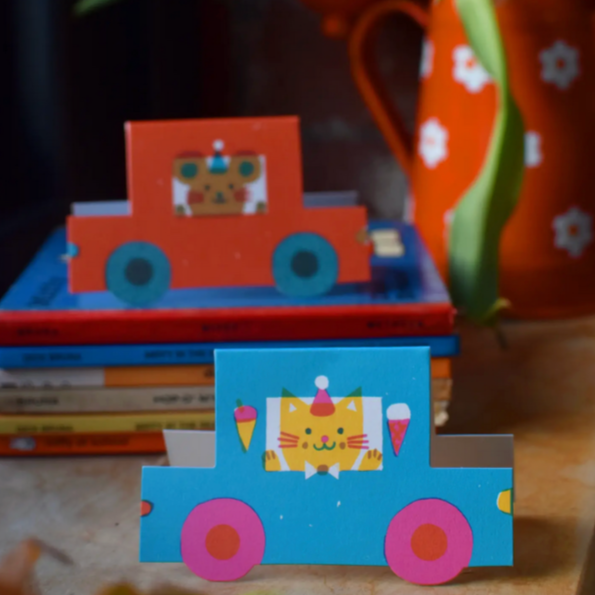 Party Cat Little Blue Car Die Cut Card -Louise Lockhart -birthday