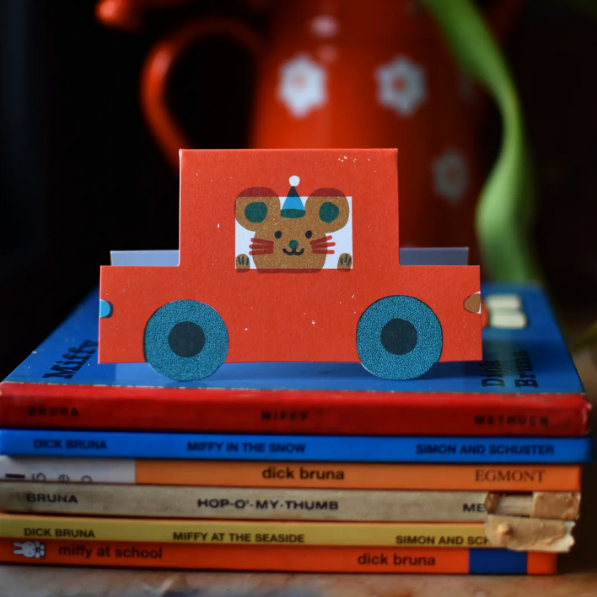 Party Mouse Little Red Car Die Cut Card -Louise Lockhart