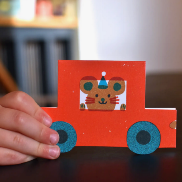 Party Mouse Little Red Car Die Cut Card -Louise Lockhart