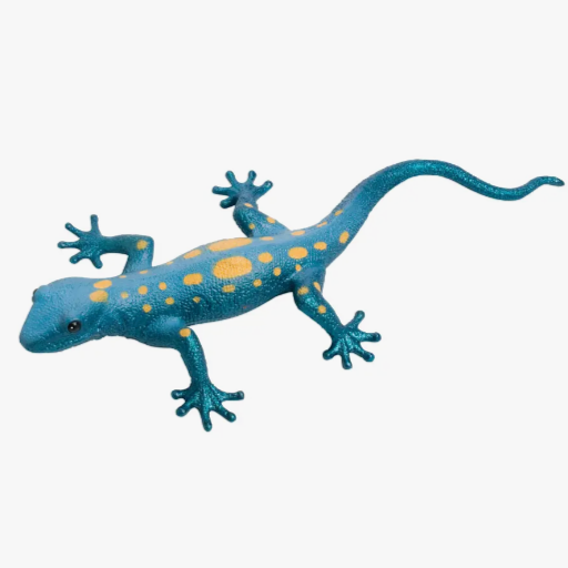 A blue and yellow spotted lizard-shaped stretchy toy.