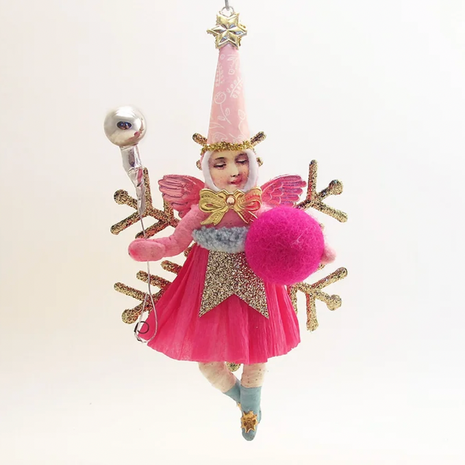 Pink Fairy On Golden Snowflake Ornament
