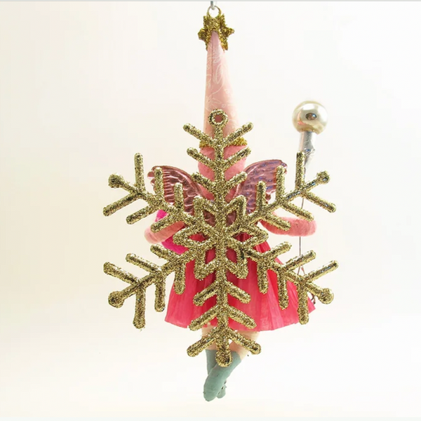 Pink Fairy On Golden Snowflake Ornament