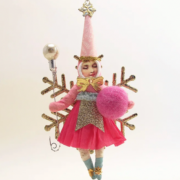 Pink Fairy On Golden Snowflake Ornament