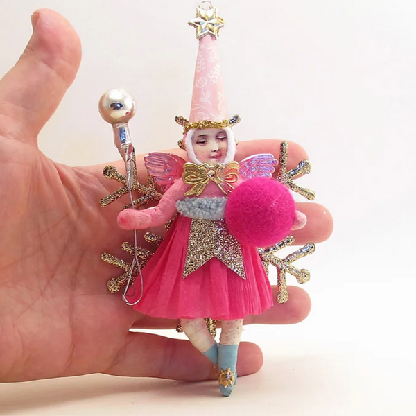 Pink Fairy On Golden Snowflake Ornament