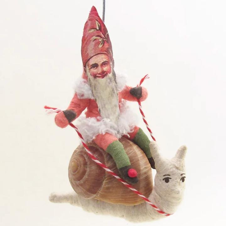 Gnome Riding A Snail Ornament