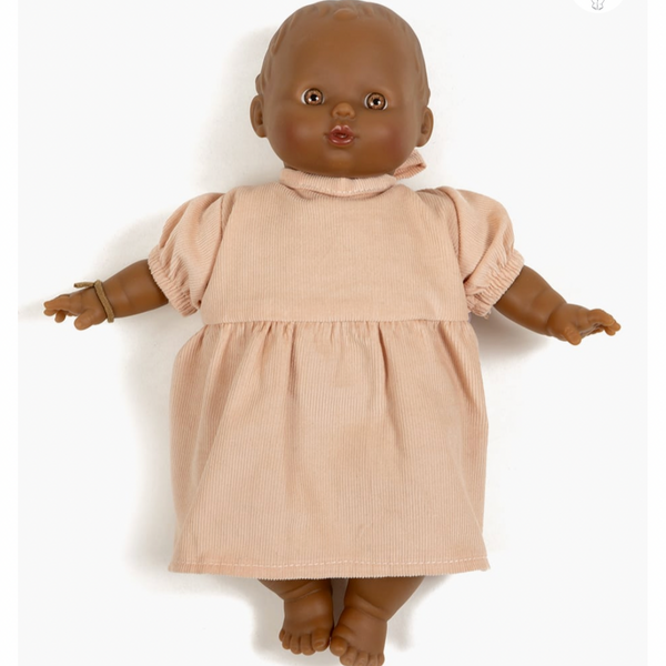 Minikane Babies – Faustine dress with balloon sleeves in salmon milleraies 28cm/11in