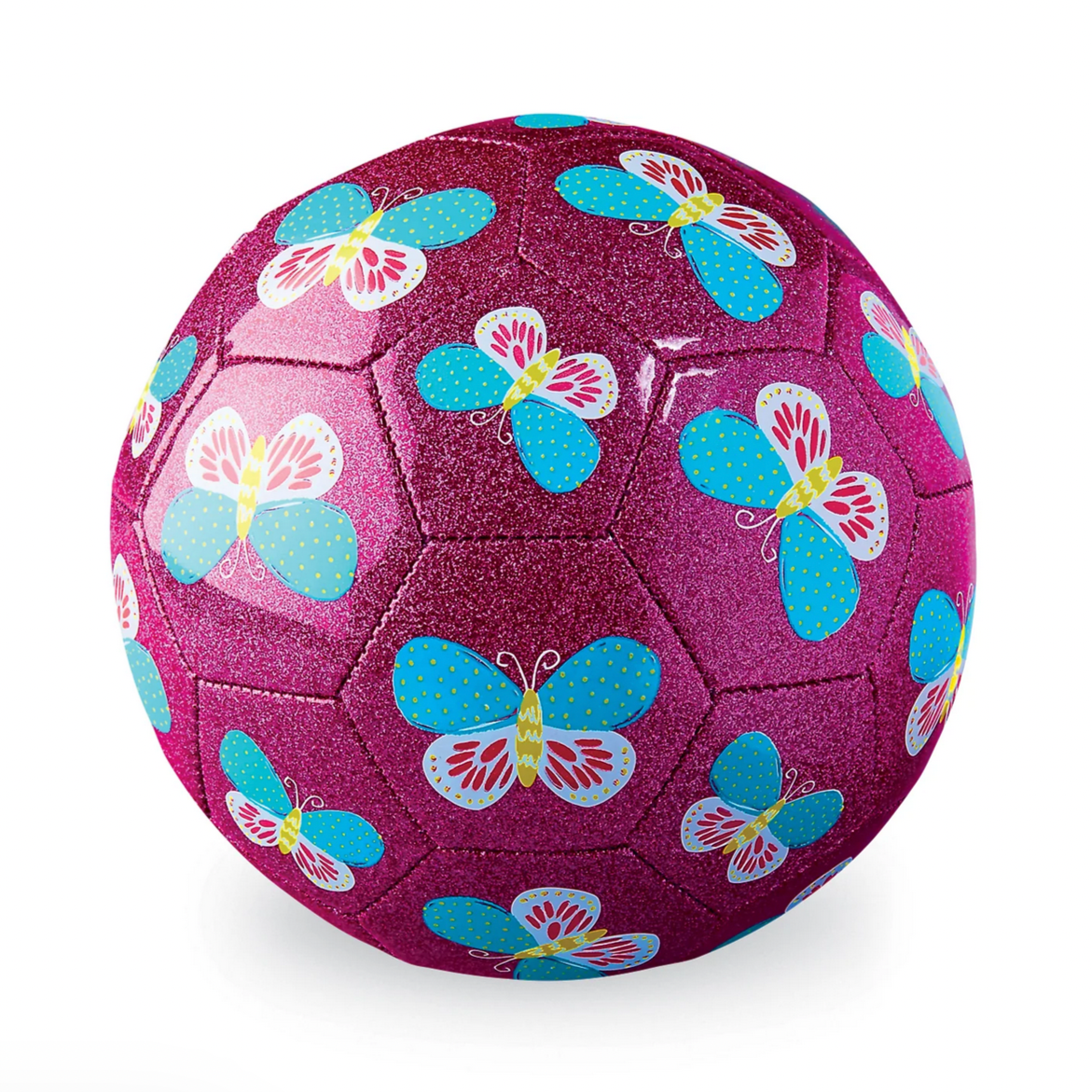A pink glitter soccer ball with a pattern of blue butterflies on it.