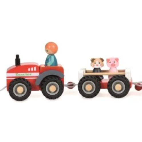 Wood Farm Tractor with Two Trailers