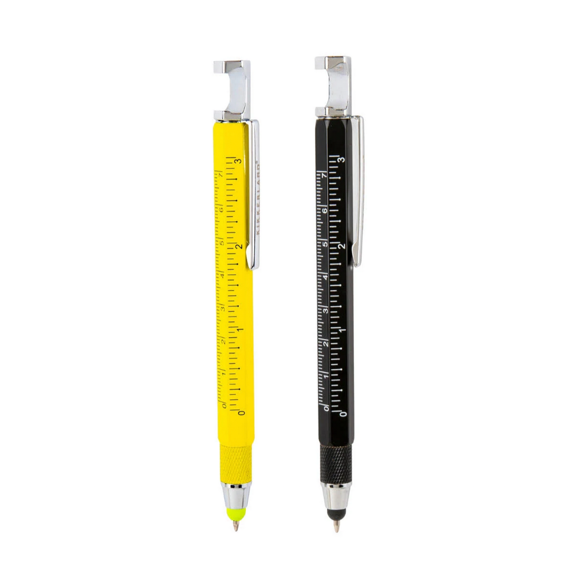 Two multifunction writing instruments, one yellow and one black, with multiple functions including a ruler, a bottle opener, and a stylus.
