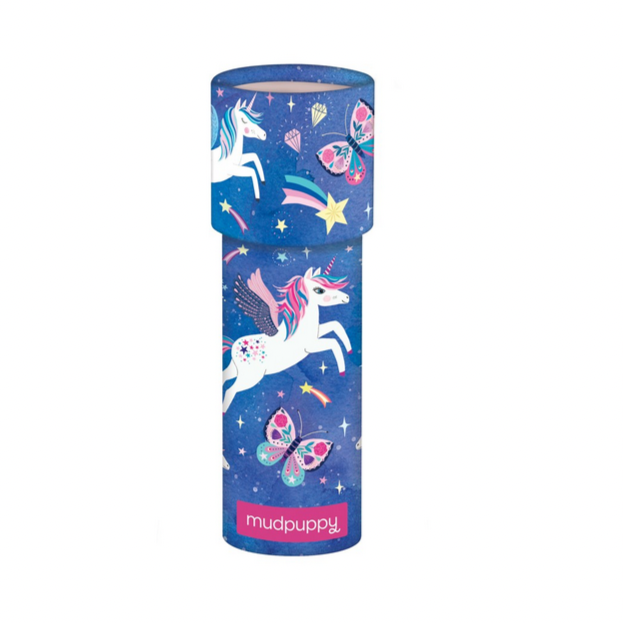 A cylindrical kaleidoscope with colorful illustrations of unicorns, butterflies, and stars, and the brand name 'Mudpuppy' visible on the side.