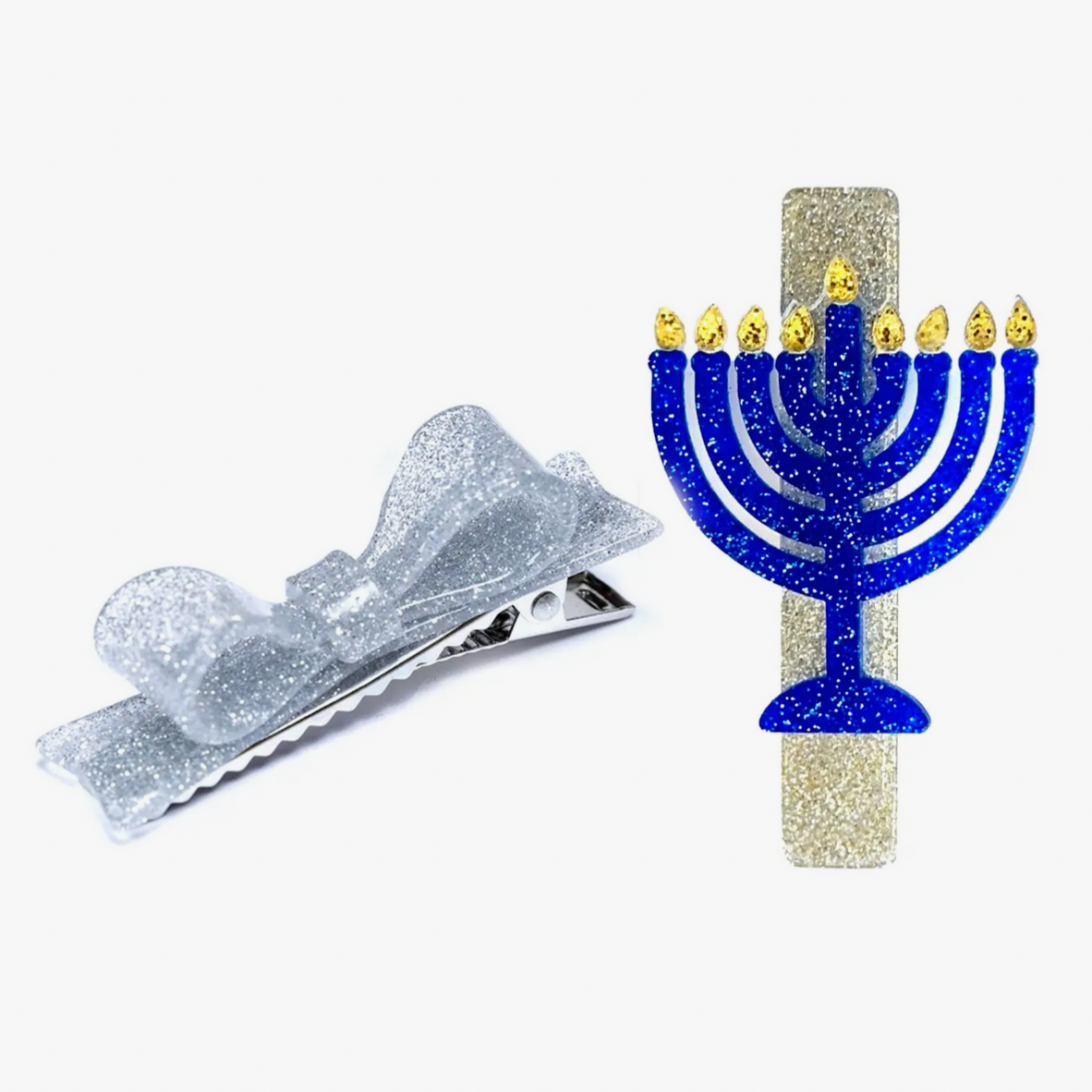 Menorah Glitter Blue/Silver Alligator Clips