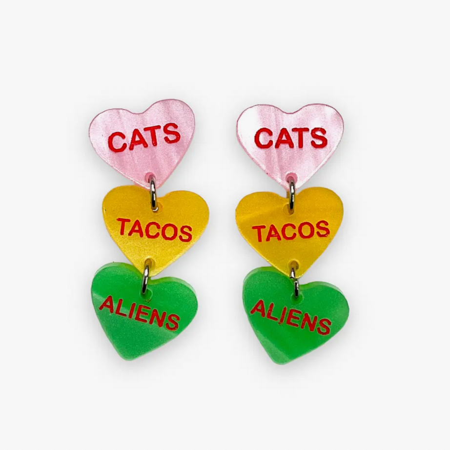 Cats Tacos Aliens Candy Heart Earrings