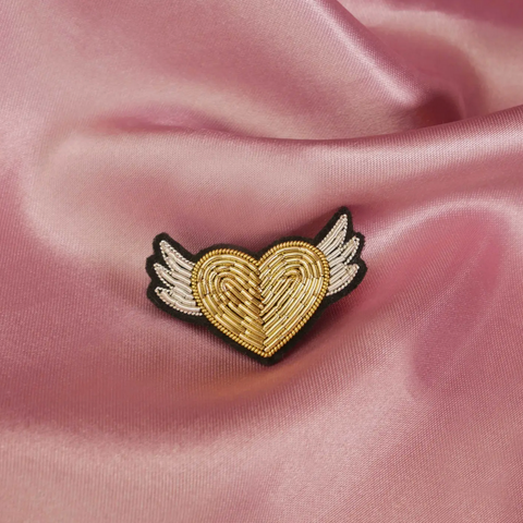 Handmade Golden Winged Heart Brooch with Cranberry Embroidery