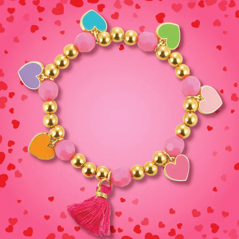 Sweet Hearts Valentine Beaded Bracelet with Pink Tassel