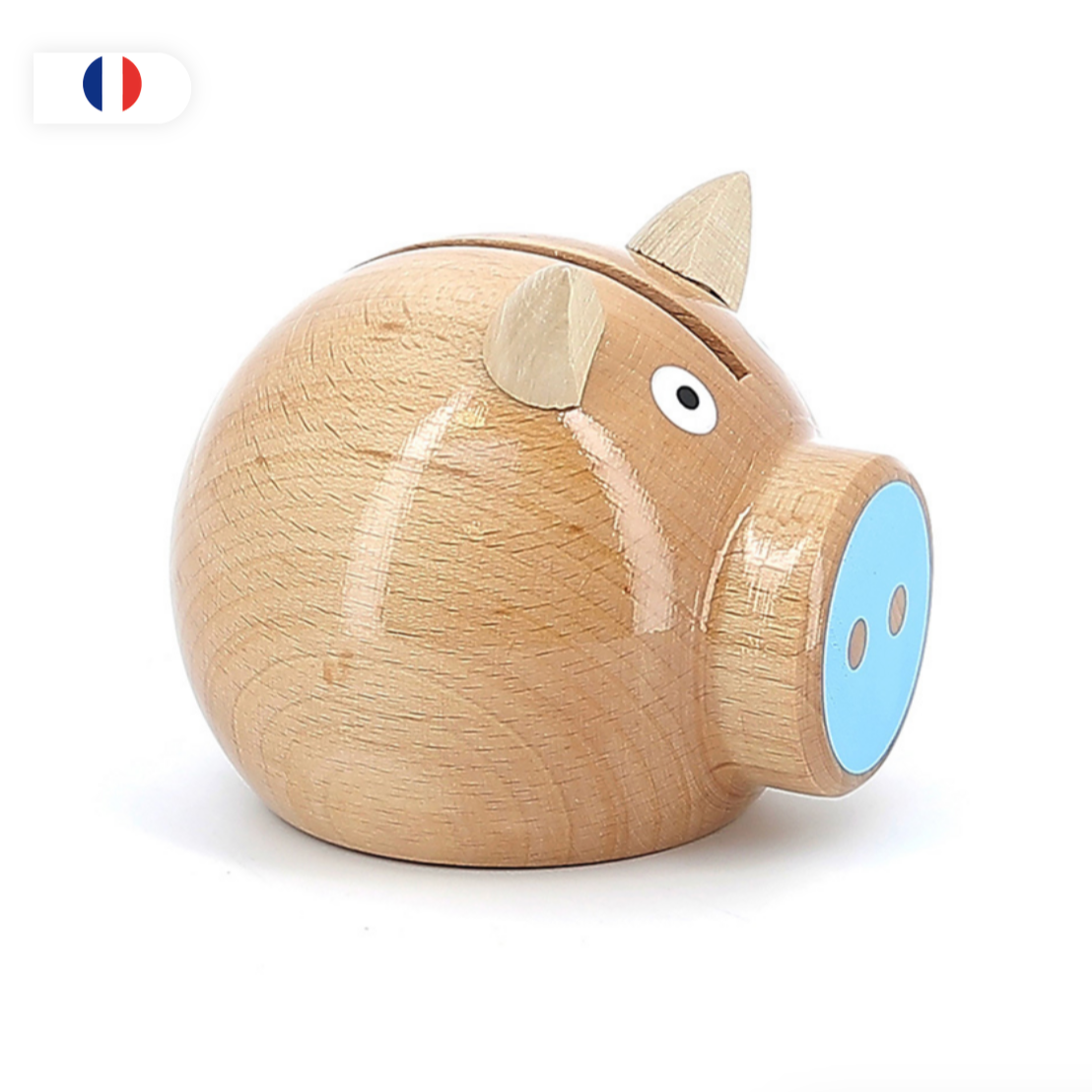 Natural Wood and Blue Pig Money Box