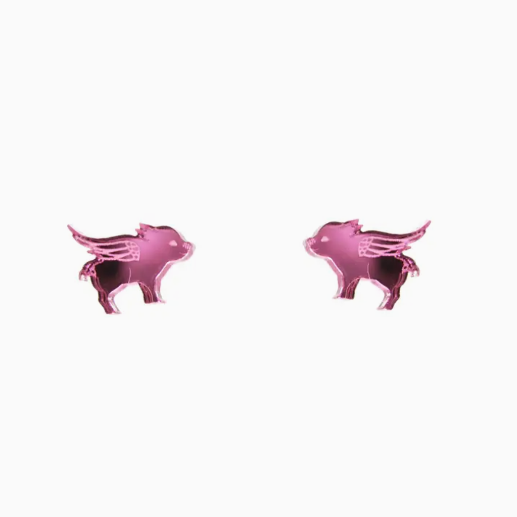 Flying Pig Pierced Studs - Mirror Pink