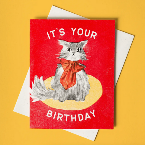 It's Your Birthday Bow Cat - Risograph Card -birthday