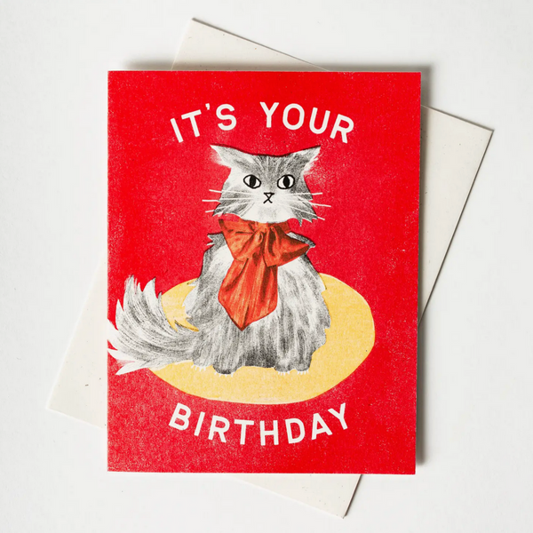 It's Your Birthday Bow Cat - Risograph Card -birthday