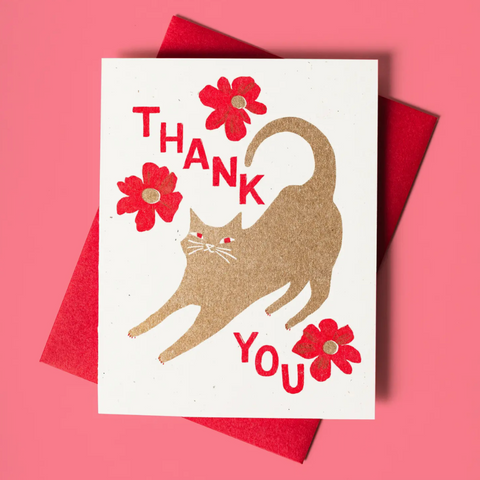 Thank You Cat with Blossoms - Risograph Card -thank you