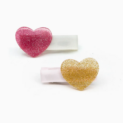 Heart Glitter Vintage Pink Gold Hair Clips (Pair)