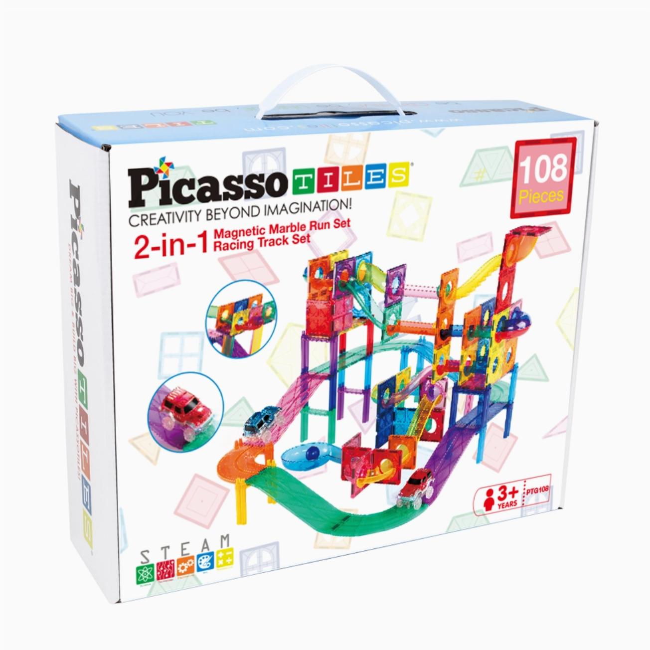 108 Piece 2-in-1 Magnetic Marble Run Set & Racing Track Set