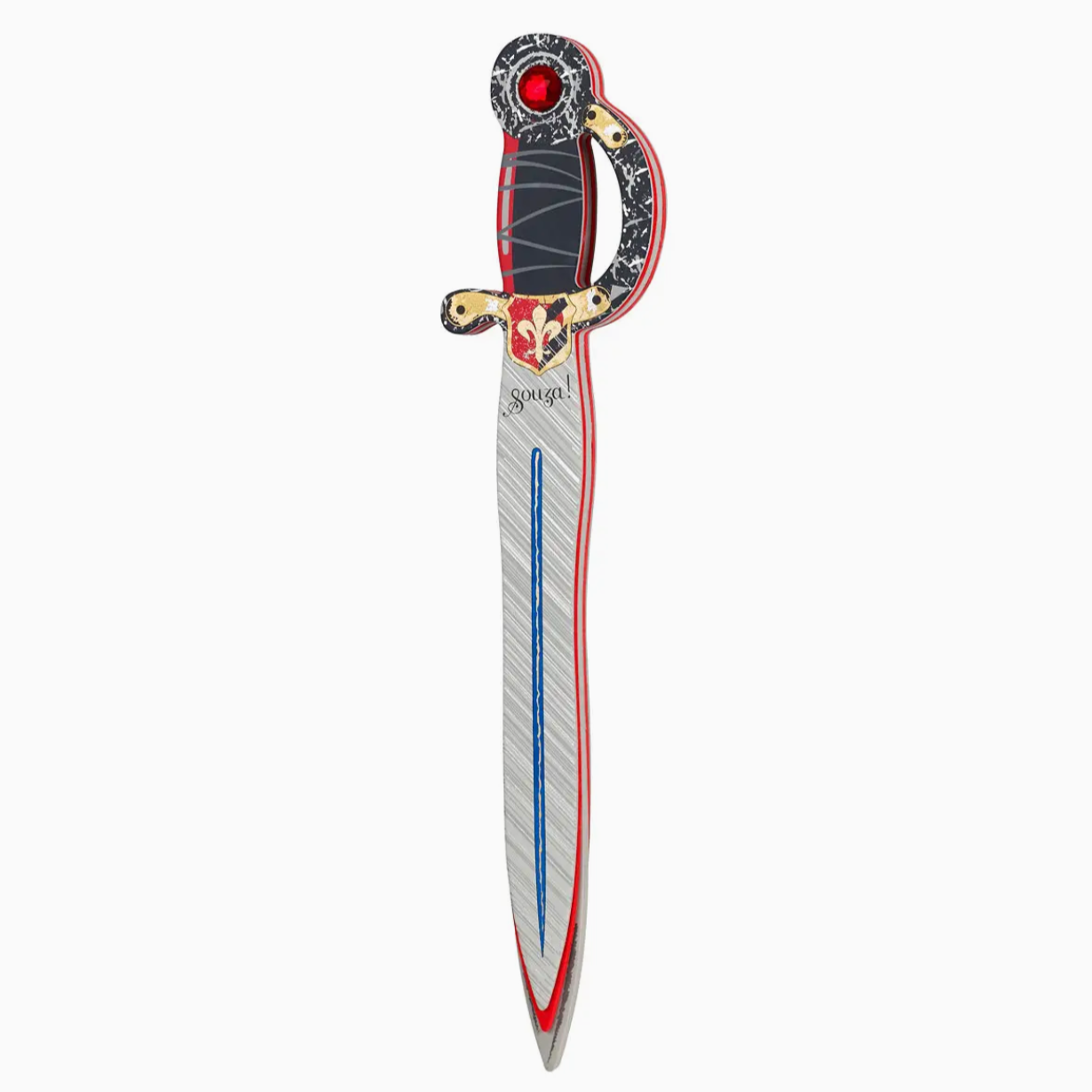A toy sword with a silver blade, dark grey hilt with silver and gold details, and a red stone on the shaft.
