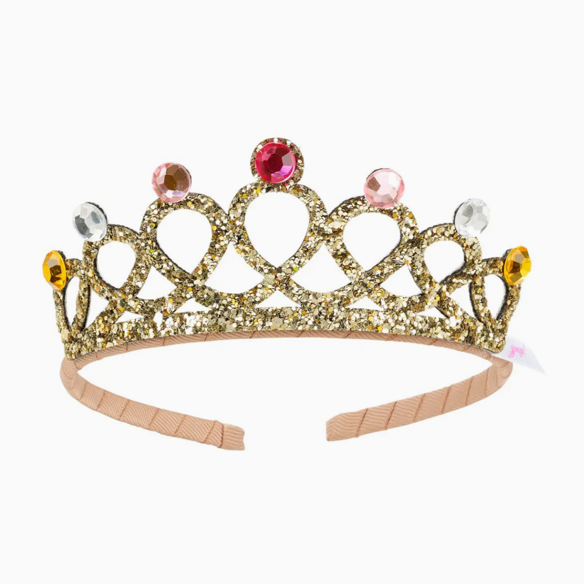 A gold-colored plastic headband with a tiara design, featuring white, yellow, and pink gemstones.