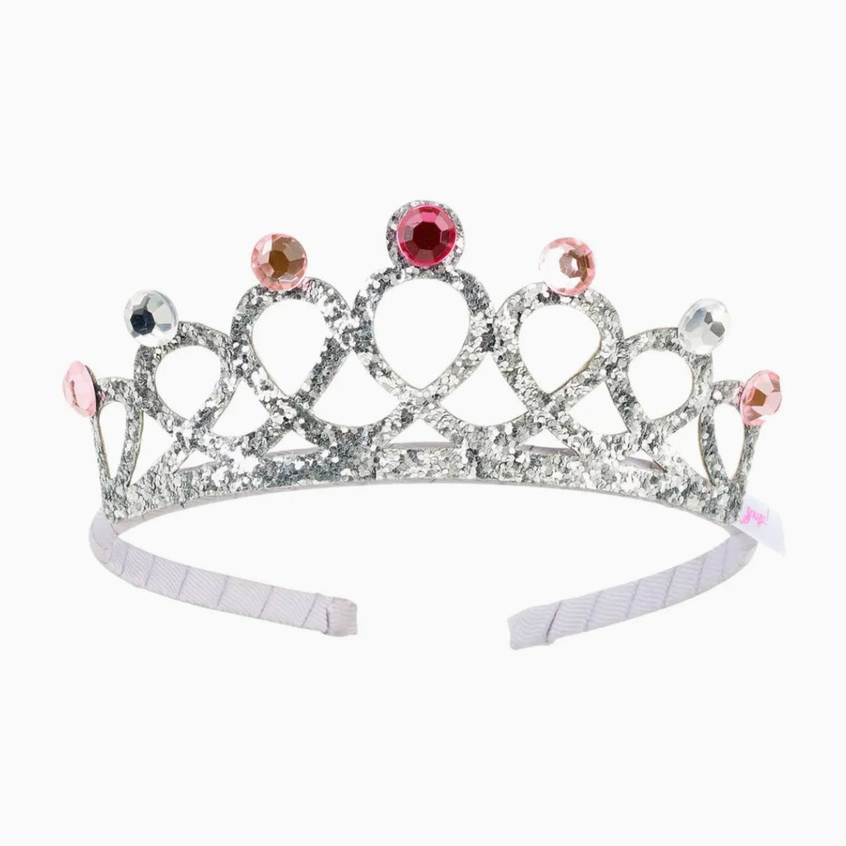 A silver-colored headband with a tiara design featuring white and pink gemstones.