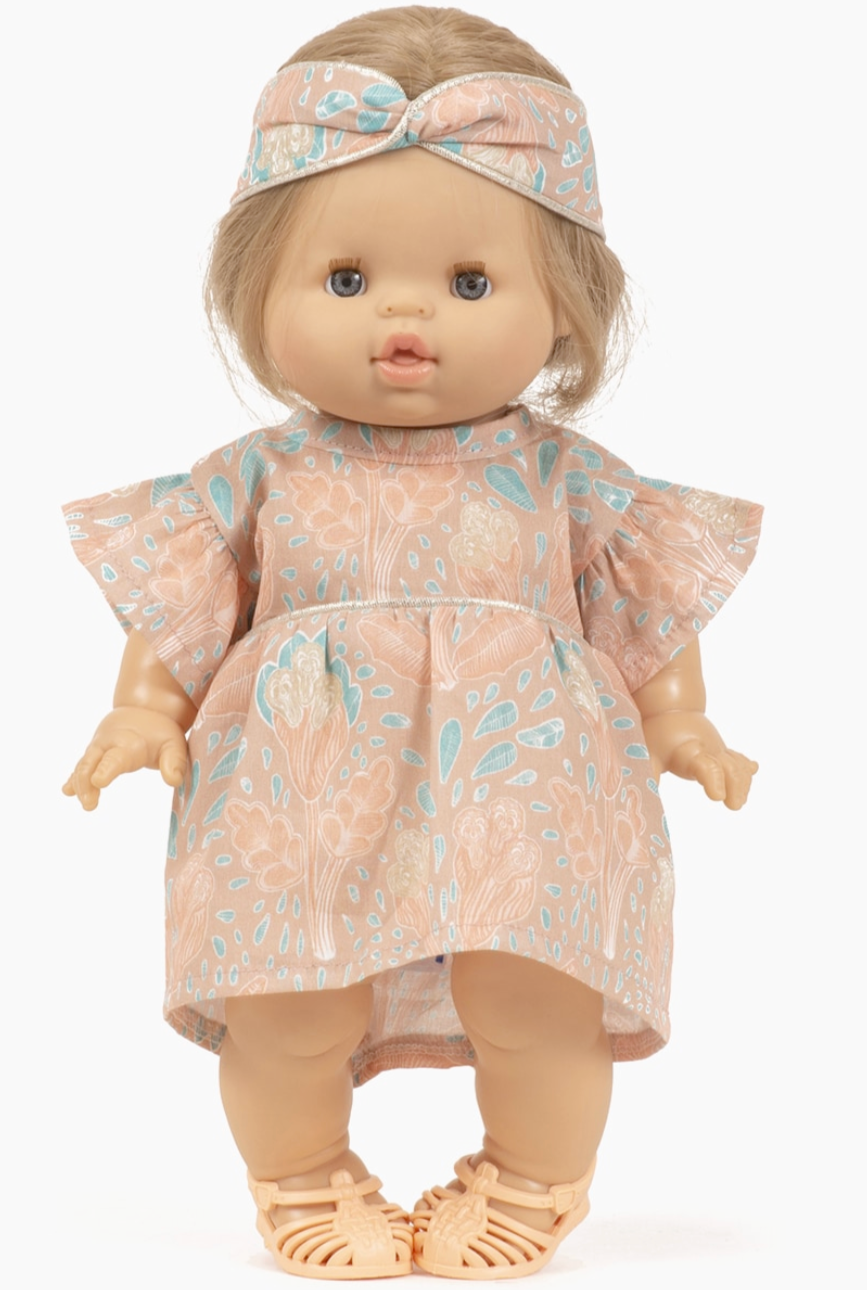 Doll – Daisy dress and crossed headband in Aquarius cotton -34cm