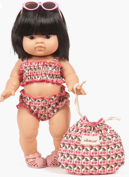 Doll – Retro 2-piece cherries swimsuit with pouch -34cm