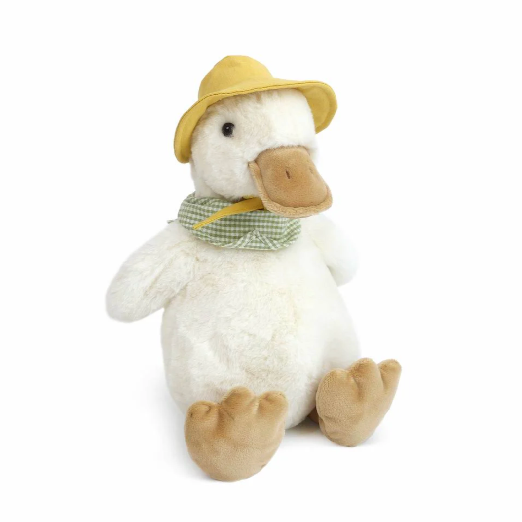 A plush toy duck wearing a yellow rainhat and a green gingham bandanna.