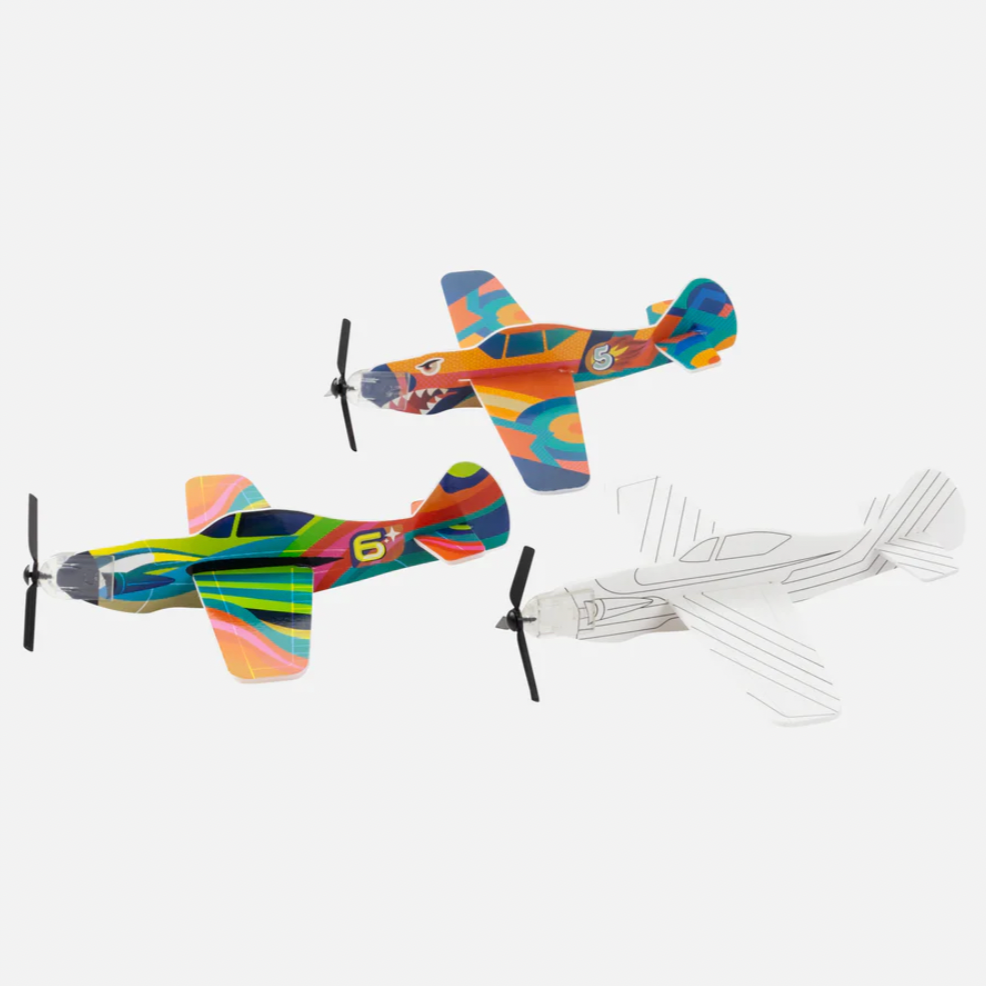 Colorful illustration of two airplanes with a white outline of a third airplane below.