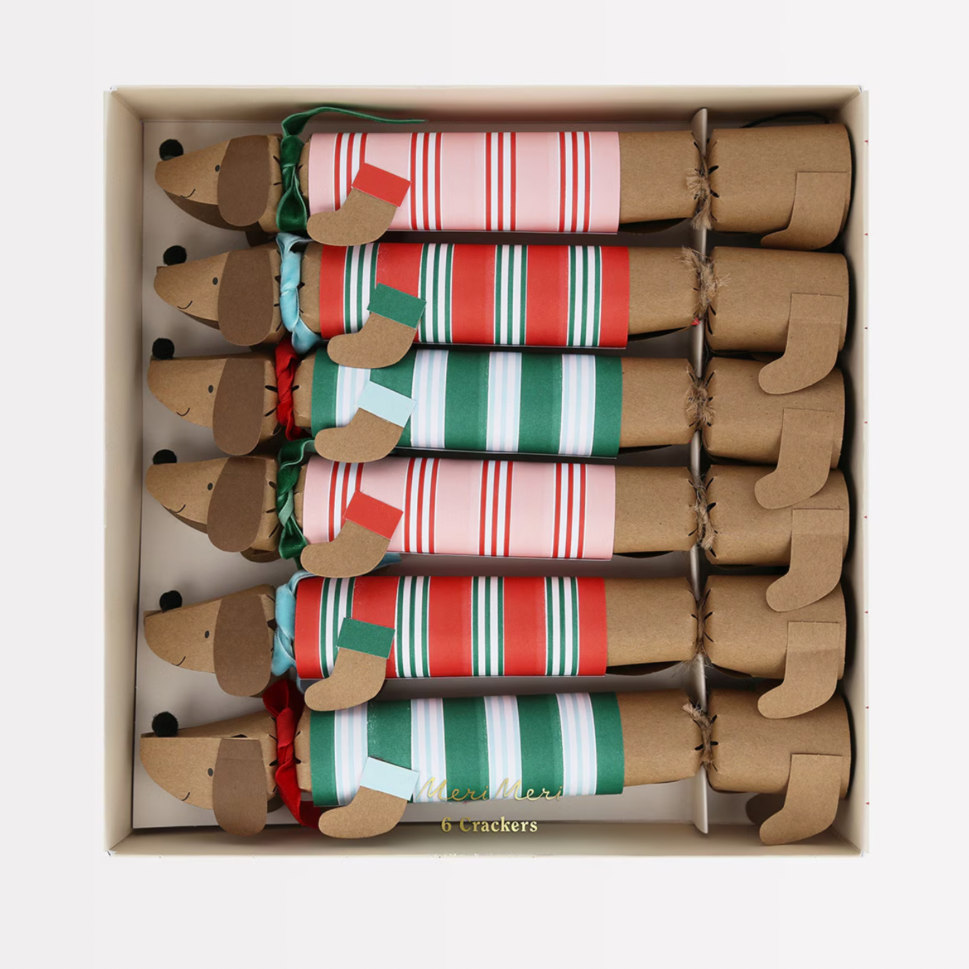 Festive Stripe Sausage Dog Crackers -6pk