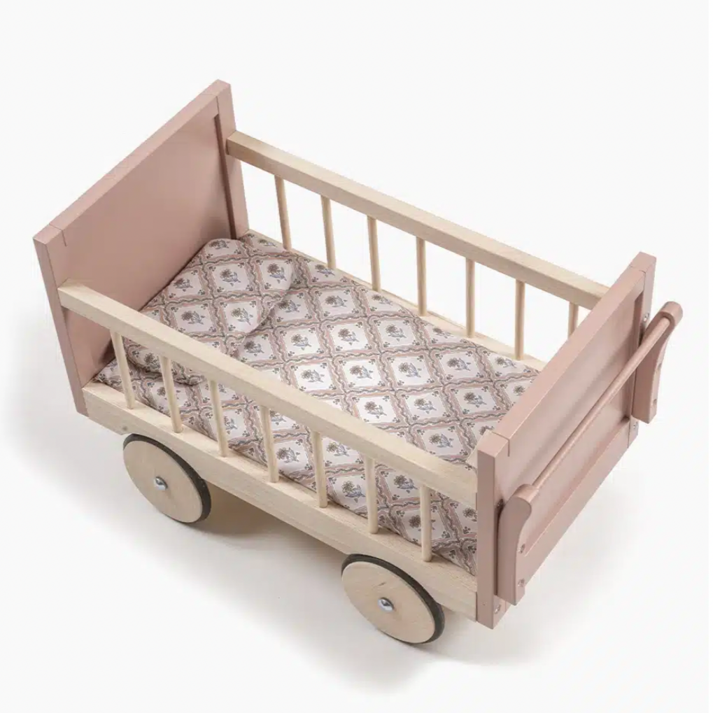 Minikane doll bed on wheels in powder pink wood with Alma cotton mattress -28cm-37cm