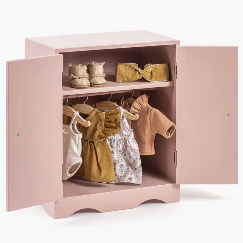 Minikane doll wardrobe in powder pink wood and its 3 hangers -28cm-37cm