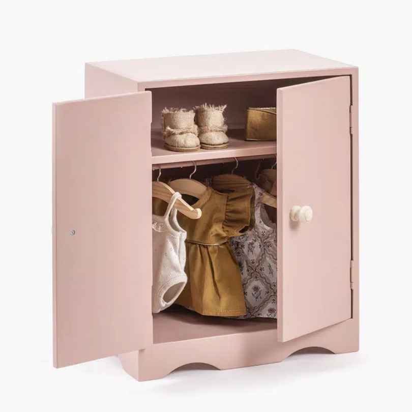 Minikane doll wardrobe in powder pink wood and its 3 hangers -28cm-37cm