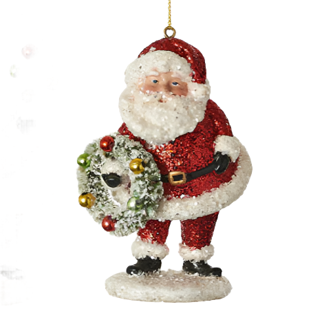 Red Glitter Santa with Wreath and Tree Ornament