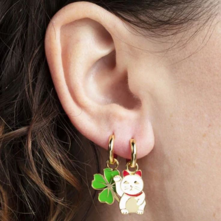 Lucky Cat & Clover Hoop Earrings