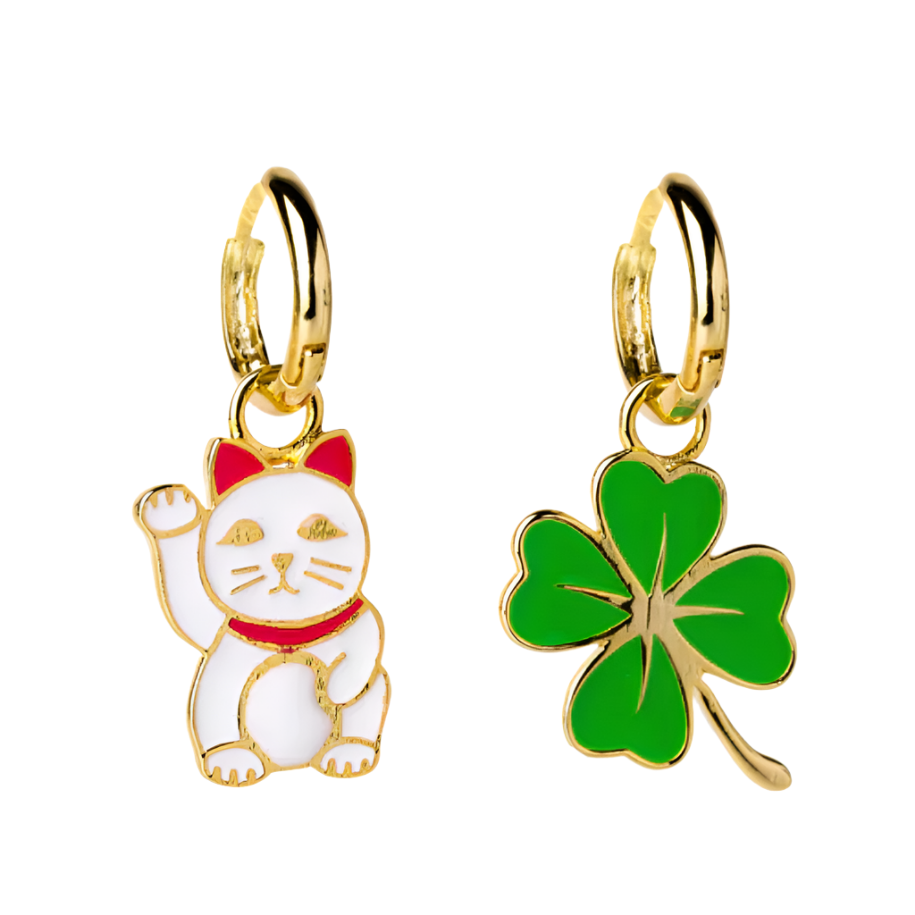 Lucky Cat & Clover Hoop Earrings