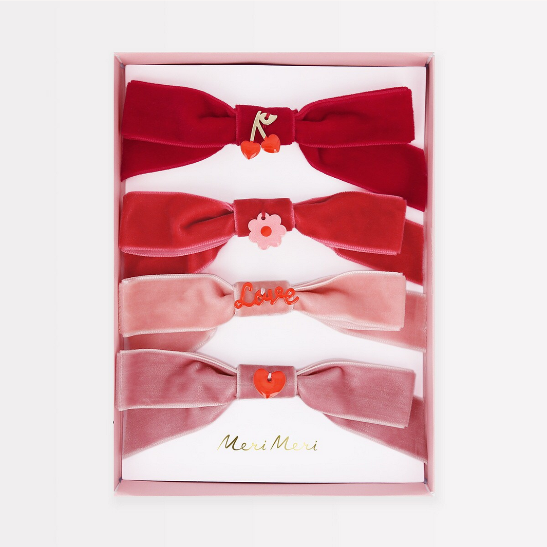 Velvet Bows With Heart & Love Charms Hair Clips (x4)