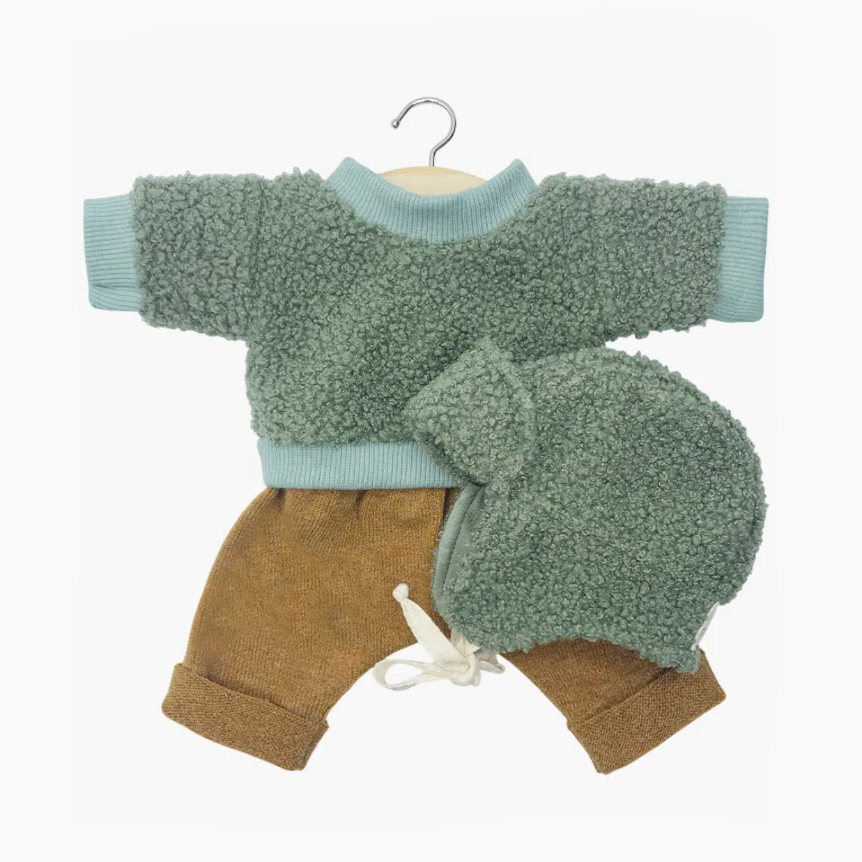 3-piece set: khaki bouclé sweater, caramel pants and khaki bouclé hat -34cm